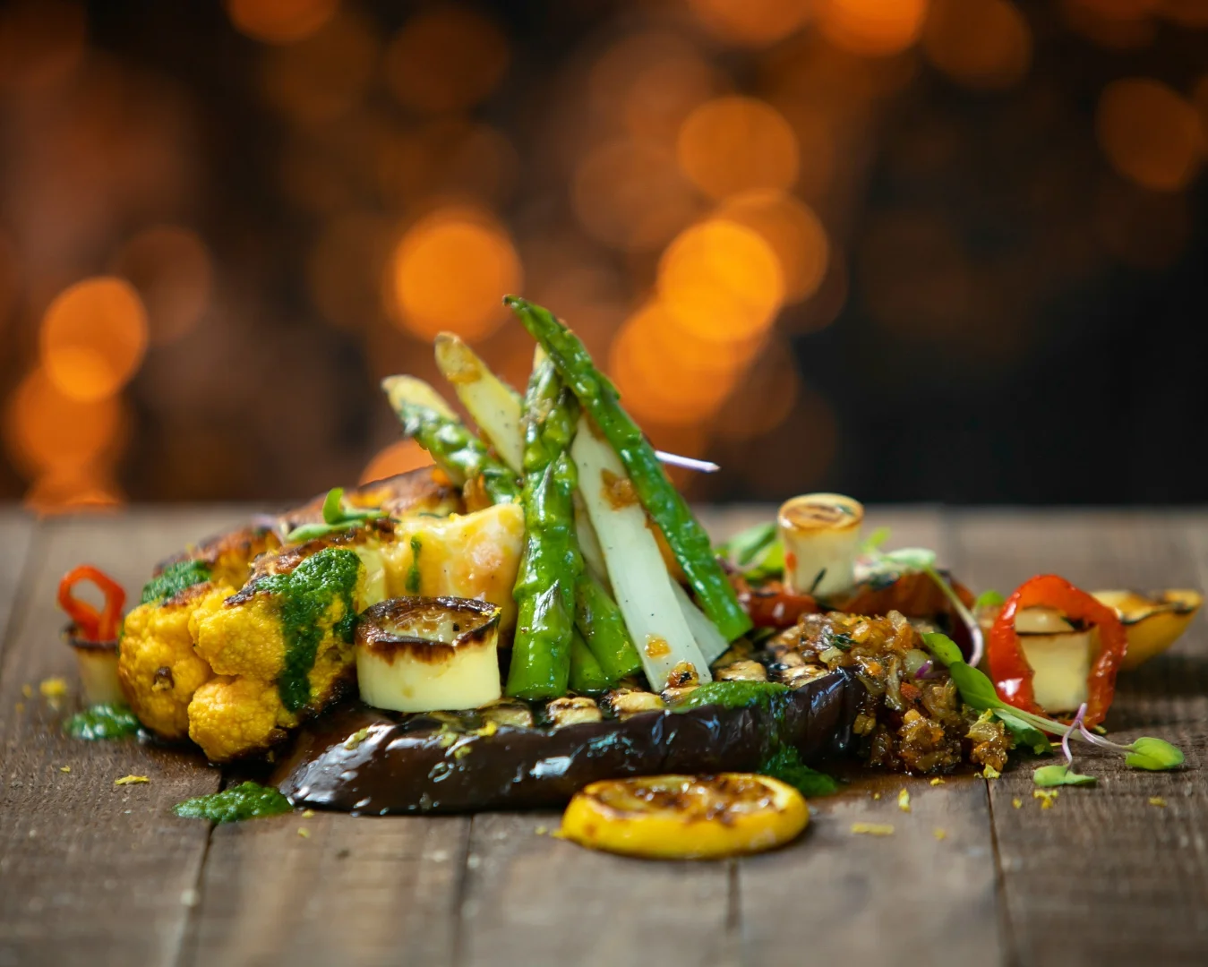 Grilled vegetable medley with bokeh background