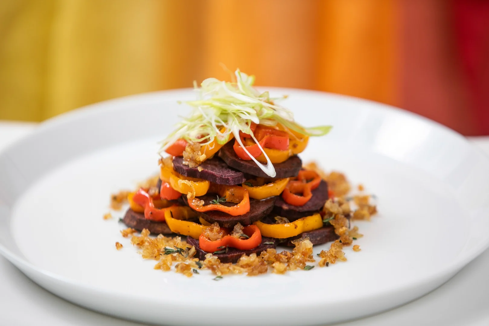 Purple potato stack with peppers
